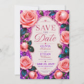 Sparkling Pink Glitter Rose Save The Date (Voorkant)