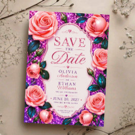 Sparkling Pink Glitter Rose Save The Date