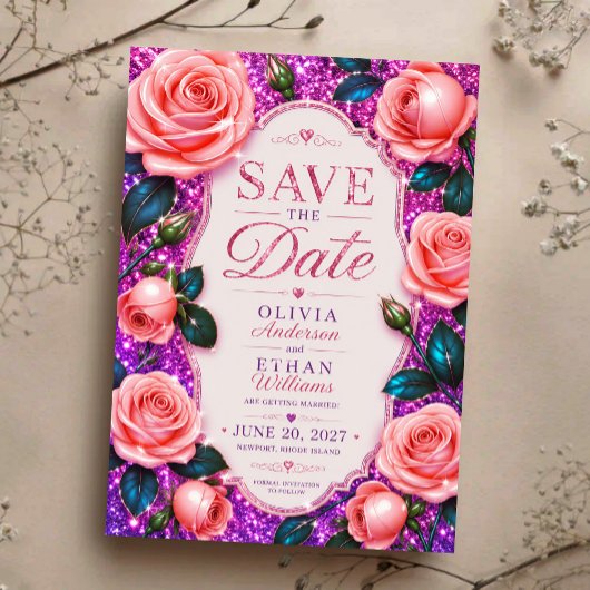 Sparkling Pink Glitter Rose Save The Date