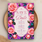 Sparkling Pink Glitter Rose Save The Date