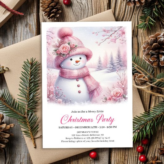 Sparkling Pink Snowman Kids Christmas Invite Digit Kaart