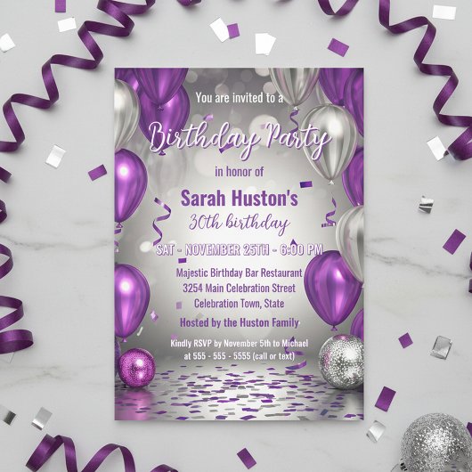 Sparkling Purple and Silver 30th Birthday Party Kaart
