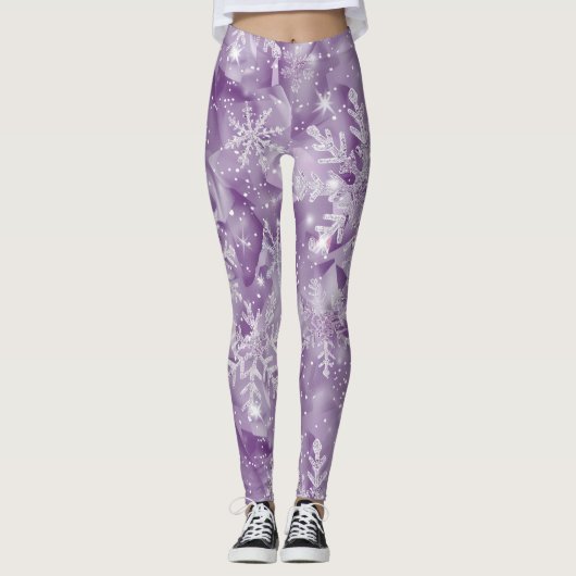 Sparkling Purple Snowflake Pattern Leggings (Voorkant)