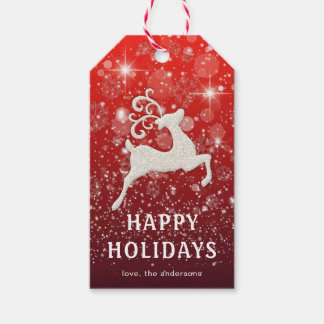 Sparkling Red Background White Reindeer Luxury Cadeaulabel
