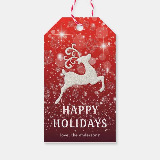 Sparkling Red Background White Reindeer Luxury Cadeaulabel (Achterkant)