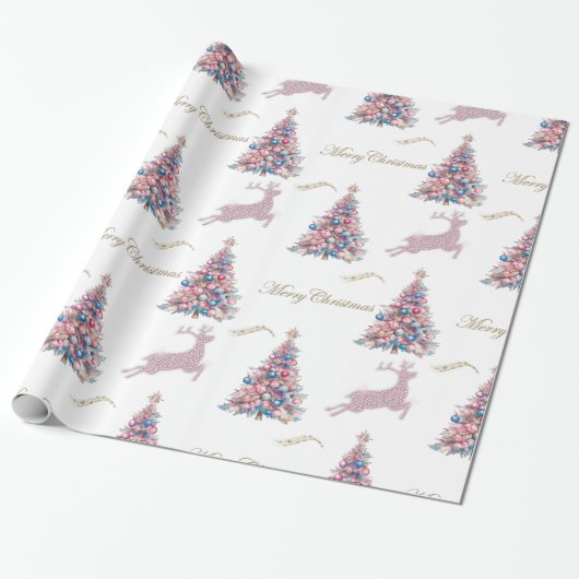 Sparkling Reindeer Pastel Pink Christmas Cadeaupapier (Uitgerold)