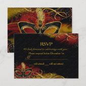 Sparkling rood & goud veermasker masquerade RSVP Kaart (Voorkant / Achterkant)
