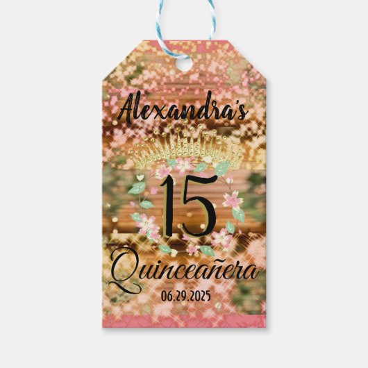 Sparkling Roos Gold Quinceañera Princess Spaans Cadeaulabel (Voorkant)