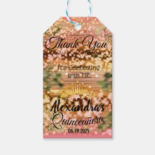 Sparkling Roos Gold Quinceañera Princess Spaans Cadeaulabel (Voorkant)