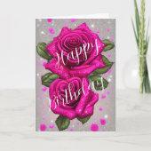 Sparkling Roze Rozen op Zilveren Grijze Verjaardag Kaart (Voorkant)