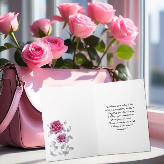 Sparkling Roze Rozen op Zilveren Grijze Verjaardag Kaart