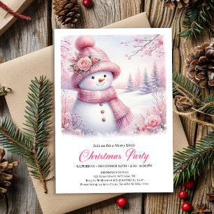 Sparkling Roze Sneeuwman Kinderen Kerst Uitnodigin Kaart