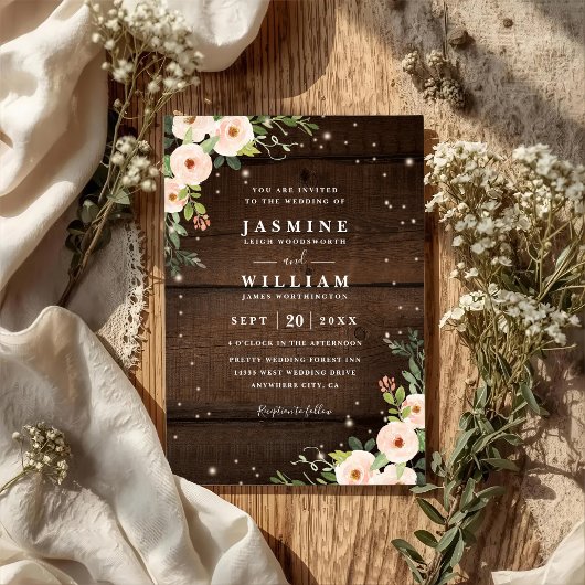 Sparkling Rustic Floral Country QR Code Wedding Kaart
