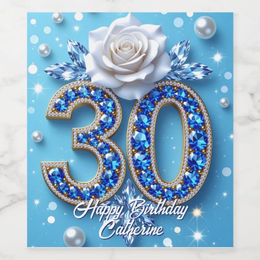 Sparkling Sapphire Diamond en Roos 30e verjaardag Wijn Etiket (Enkel label)