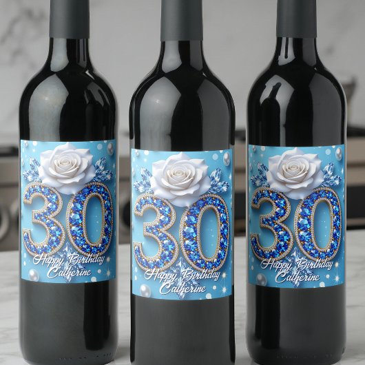 Sparkling Sapphire Diamond en Roos 30e verjaardag Wijn Etiket