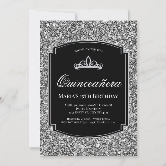 Sparkling Silver Glitter Quinceañera Uitnodigingen (Voorkant)