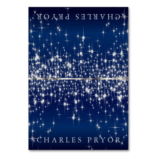 Sparkling Silver Stars op Blue Satin Naam Kaarten (Voorkant)