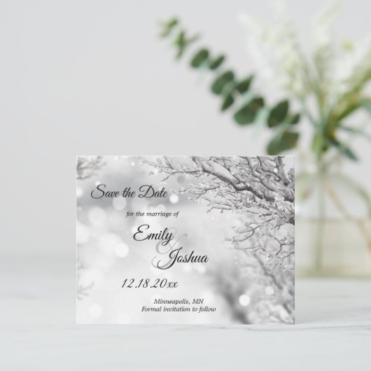 Sparkling Sneeuw en Ijs Winter Bruiloft Save The Date (Staand voorkant)
