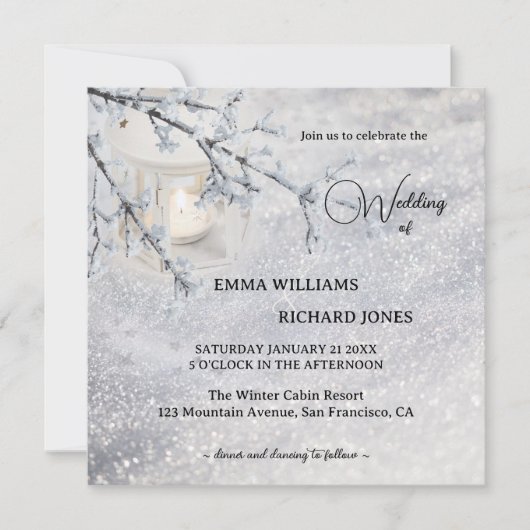Sparkling Sneeuwlantaarn Winter Bruiloft Foto Kaart (Voorkant)