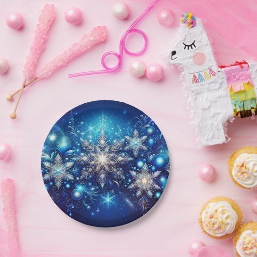 Sparkling Snowflake Blue Paper Borden - Elegant Papieren Bordje (Feest)