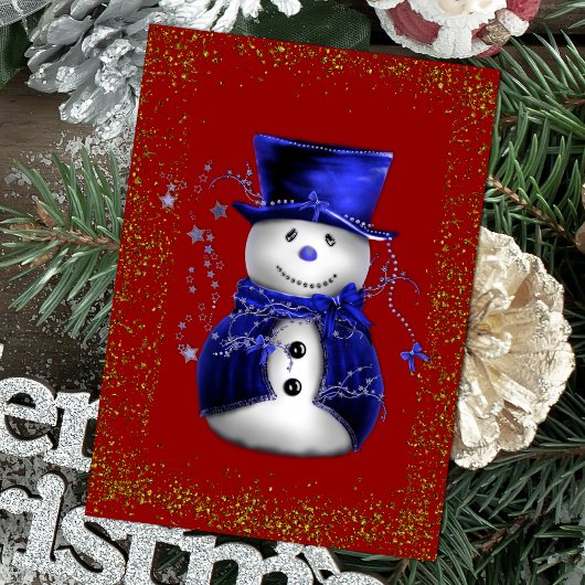 Sparkling Snowman in Blue Velvet Christmas Kaart