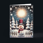 Sparkling Snowman Joy Feestdagen Kaart<br><div class="desc">Onze vrolijke sneeuwman staat met open armen in een besneeuwd bos onder een fonkelende, met sterren gevulde hemel. Hij is blij met de magie van het seizoen. Gekleed in zijn feestelijke rode hoed en gestreepte, warme gezellige sjaal. Hij schijnt helder, omringd door bevroren bomen en kleine huisjes. Deze hartverwarmende scène...</div>