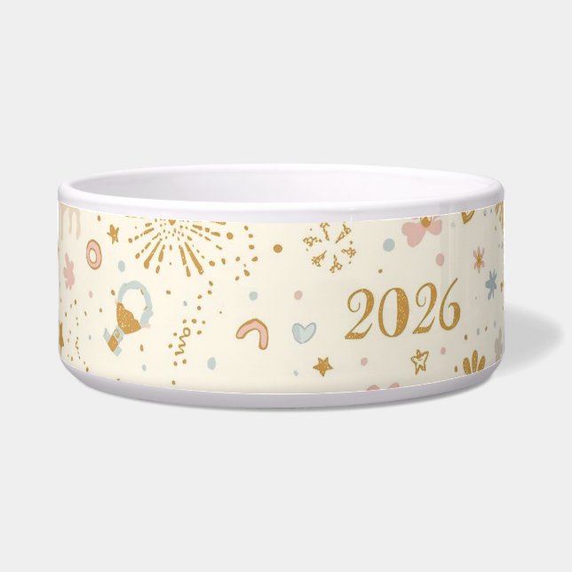 Sparkling Stars & Paw Prints Nieuwjaar 2026 Voerbakje (Voorkant)