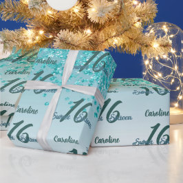 Sparkling Sweet 16 Falling Blauwgroen Blauw Glitte Cadeaupapier