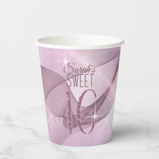 Sparkling Swirls Sweet Sixteen Orchidee Roze ID652 Papieren Bekers (Achterkant)