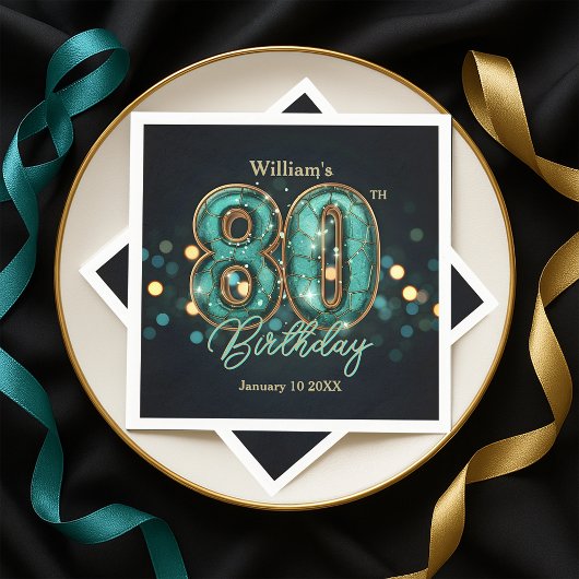 Sparkling Teal and Gold 80th Birthday Servet