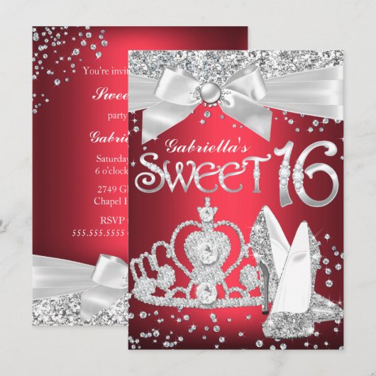 Sparkling Tiara Hakken Sweet 16 Uitnodiging Rood (Voorkant / Achterkant)