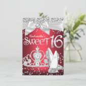 Sparkling Tiara Hakken Sweet 16 Uitnodiging Rood (Staand voorkant)