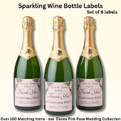 Sparkling Wine Bottle Labels, Pink Roses & Doves Sparkling Wijnetiket