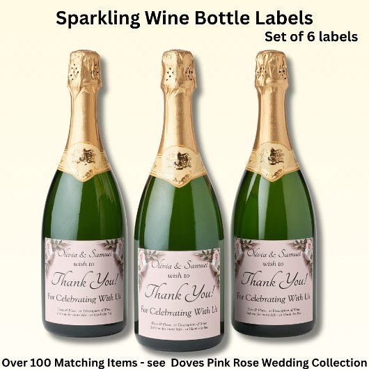 Sparkling Wine Bottle Labels, Pink Roses & Doves  Sparkling Wijnetiket