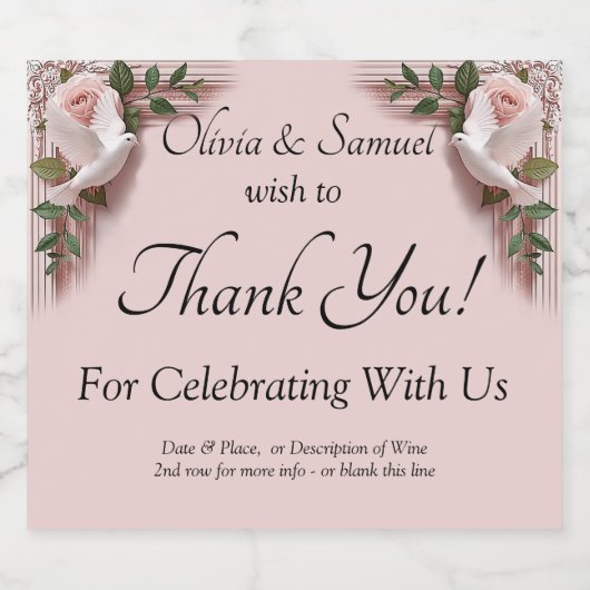 Sparkling Wine Bottle Labels, Pink Roses & Doves  Sparkling Wijnetiket (Enkel label)