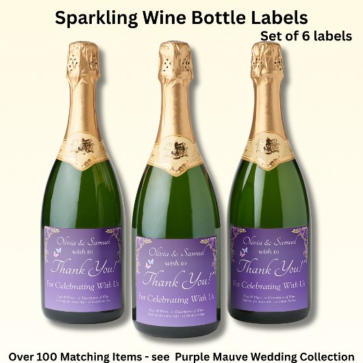 Sparkling Wine Bottle Labels, Purple Mauve Flowers Sparkling Wijnetiket