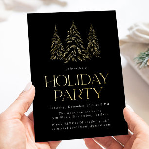 Sparkling Winter Pine Black Vakantie Party Folie Uitnodiging