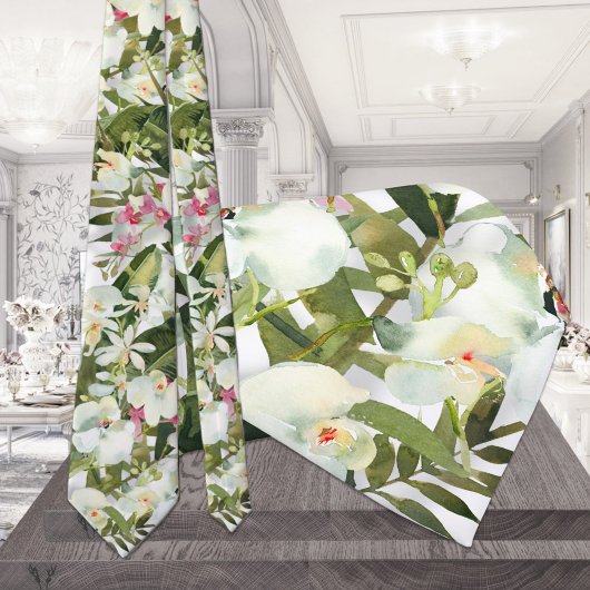 Sparkling Witte Orchidee Huwelijk Tropische Halsba Stropdas