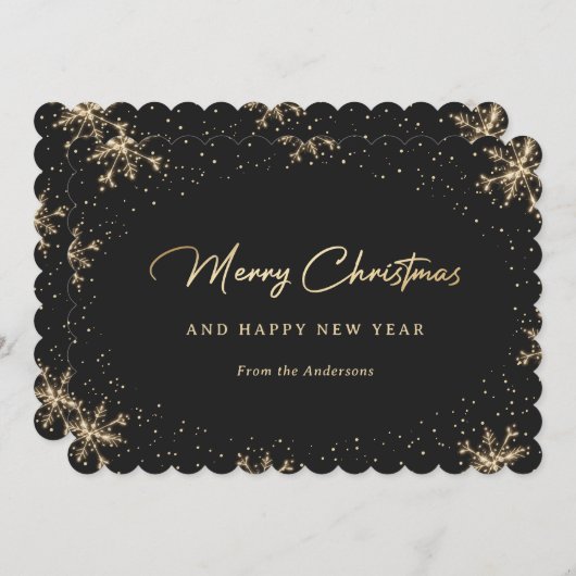 Sparkling Zwart en Goud Sneeuwvlok Sneeuw Feestdagenkaart (Voorkant / Achterkant)