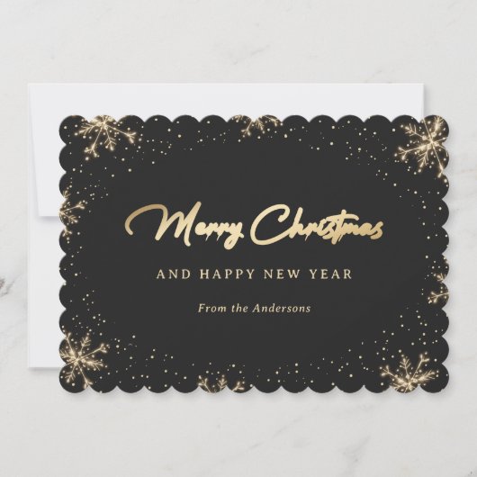 Sparkling Zwart en Goud Sneeuwvlok Sneeuw Feestdagenkaart (Voorkant)