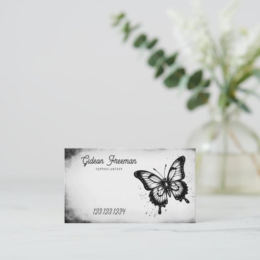 Sparkling Zwart & Wit Vlinder Tattoo Artist Visitekaartje (Staand voorkant)