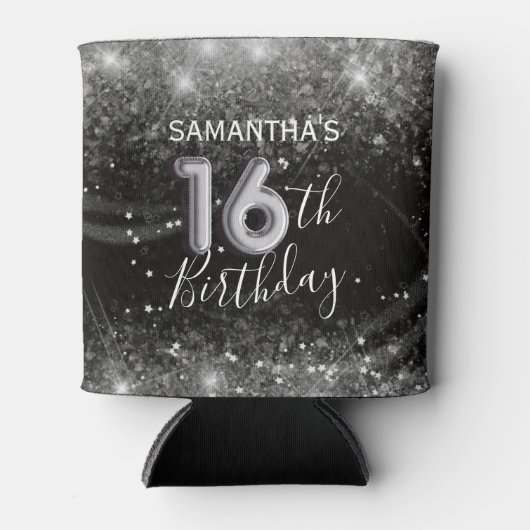 Sparkly 16e Verjaardag Zilver Glitter & Zwart Blikjeskoeler (Voorkant)
