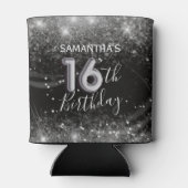 Sparkly 16e Verjaardag Zilver Glitter & Zwart Blikjeskoeler (Achterkant)