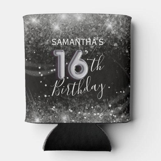 Sparkly 16e Verjaardag Zilver Glitter & Zwart Blikjeskoeler (Achterkant)