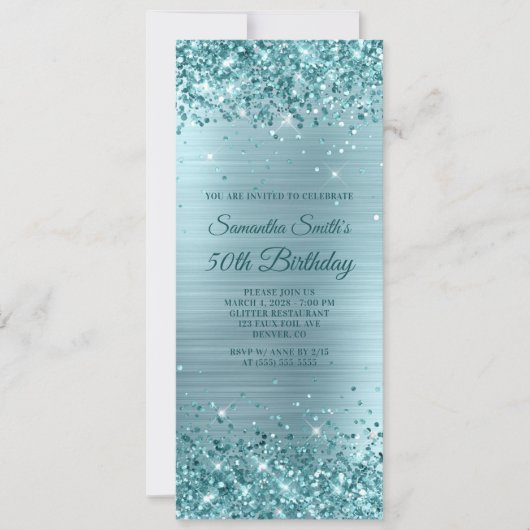 Sparkly Aqua Blauwgroen Glitter Blue Folie 50th Bi Kaart (Voorkant)