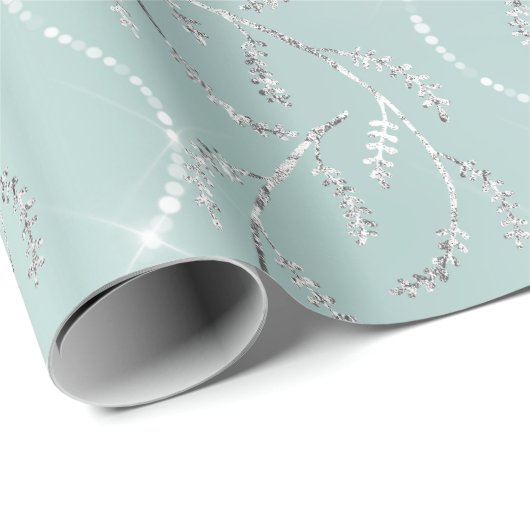 Sparkly Aqua Ocean Laurel Floral Silver Diamonds Cadeaupapier (Rol Hoek)