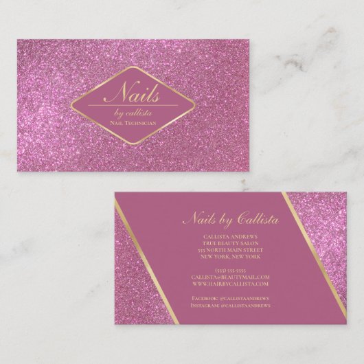 Sparkly Berry Pink Gold Glitter Make-up Nails Lash Visitekaartje (Voorkant / Achterkant)