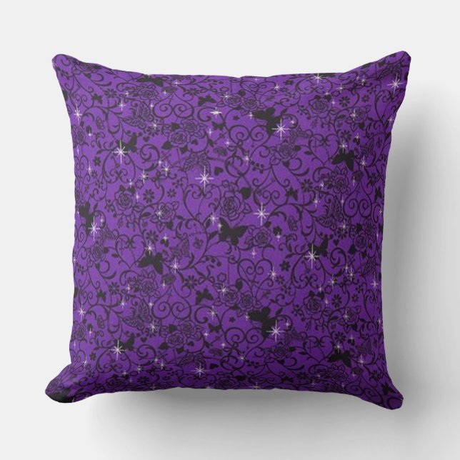 Sparkly Black and Paars Butterfly Floral Pillow Kussen (Voorkant)