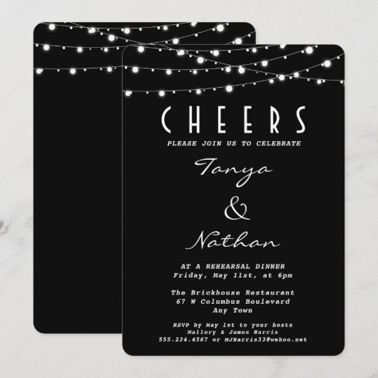 Sparkly Black Elegant Repetitie Diner Uitnodiging (Voorkant / Achterkant)