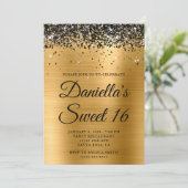 Sparkly Black Glitter Gold Foil Sweet 16 Kaart (Staand voorkant)